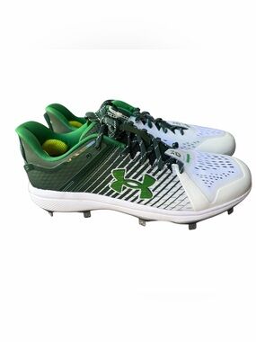 Under Armour Men Green and White Baseball Cleats with Metal Spikes
